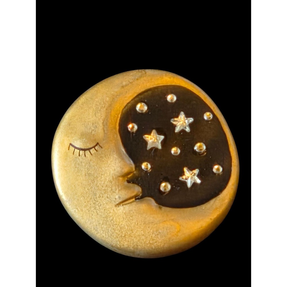 Adagio Gold Moon Stars Hand Painted Brooch Pin NOS Vintage Celestial